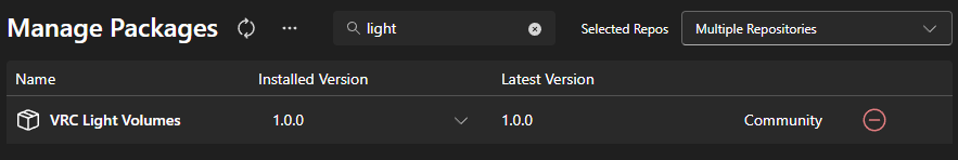 Manage Packages で VRC Light Volumes を追加する画面
