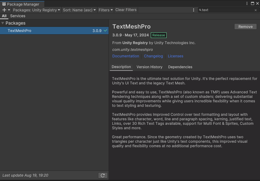 Package Manager から TextMeshPro を導入する画面