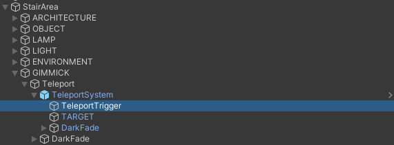 TeleportSystem と TeleportTrigger の階層